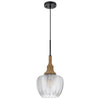 Pendant Light | Leaf Pattern Glass Shade | Burlap Rope Accent | Black Metal