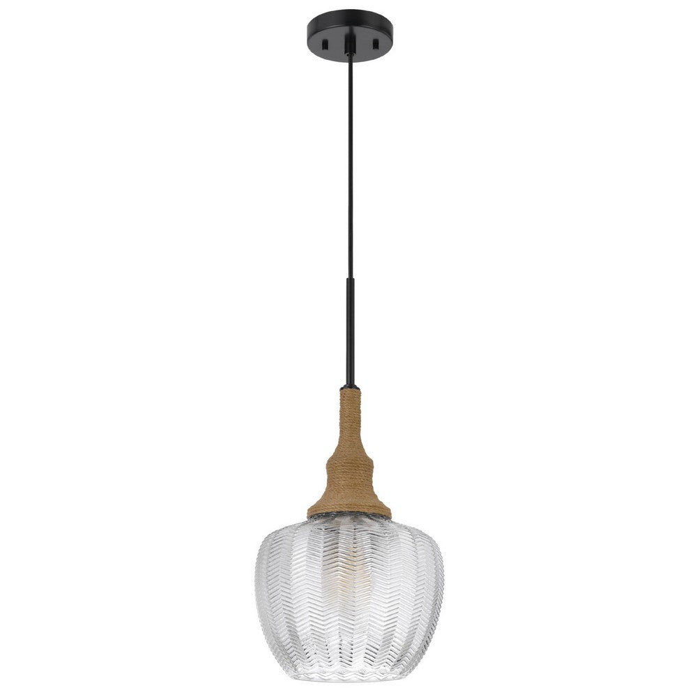 Pendant Light | Leaf Pattern Glass Shade | Burlap Rope Accent | Black Metal