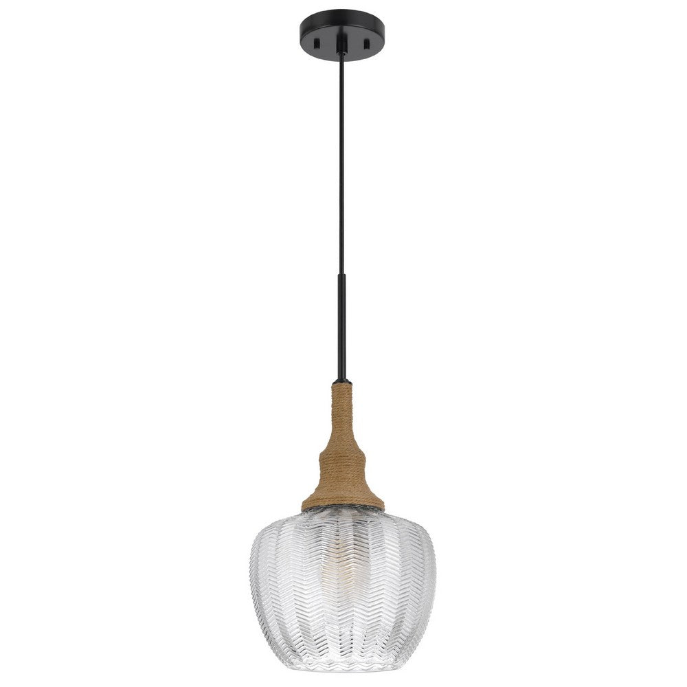 Pendant Light | Leaf Pattern Glass Shade | Burlap Rope Accent | Black Metal