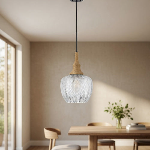 Pendant Light | Leaf Pattern Glass Shade | Burlap Rope Accent | Black Metal