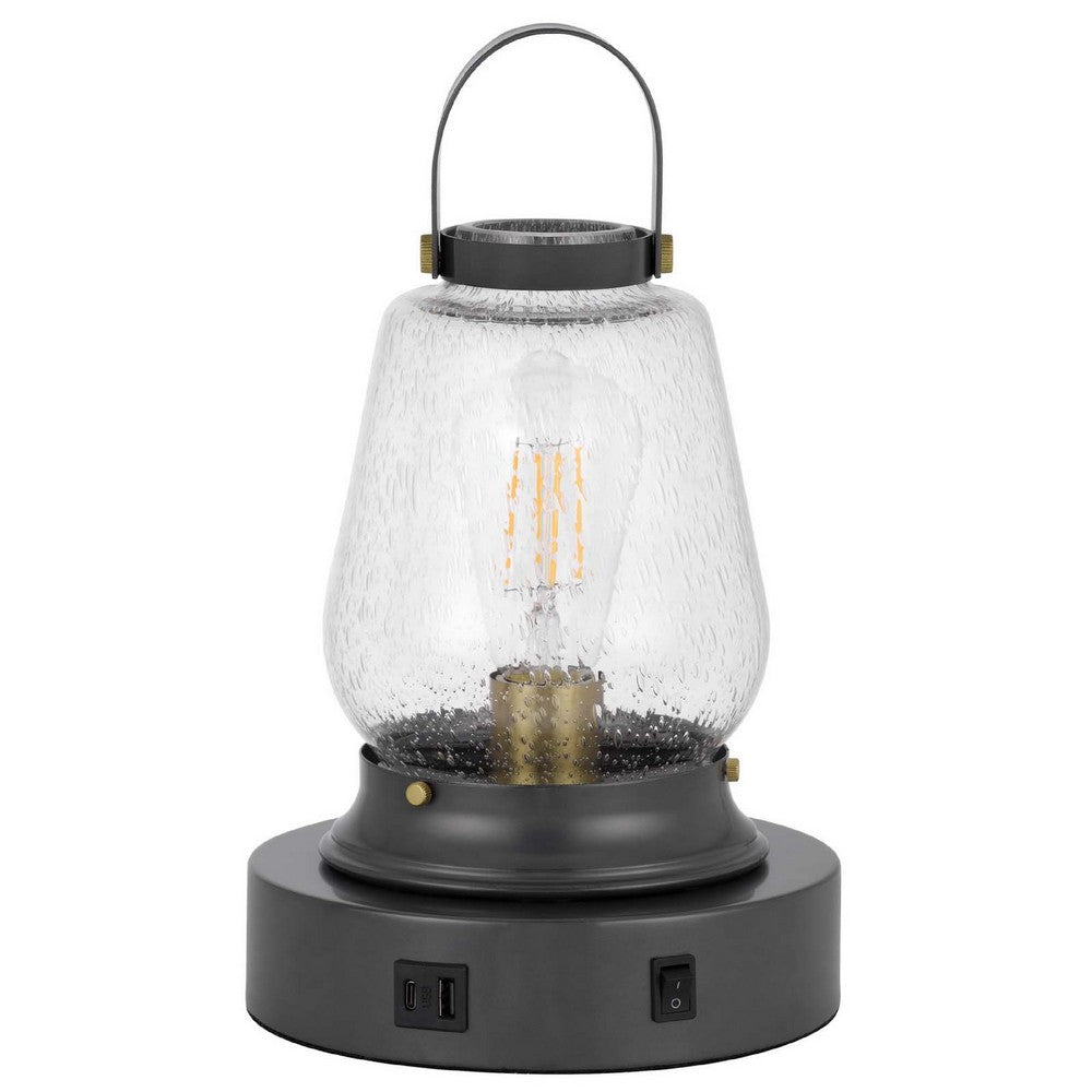 Jerry Lantern Table Lamp | Bubble Glass Shade | USB Ports | Dark Bronze