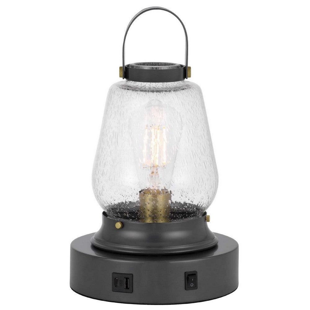 Jerry Lantern Table Lamp | Bubble Glass Shade | USB Ports | Dark Bronze