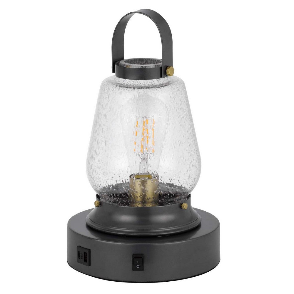 Jerry Lantern Table Lamp | Bubble Glass Shade | USB Ports | Dark Bronze