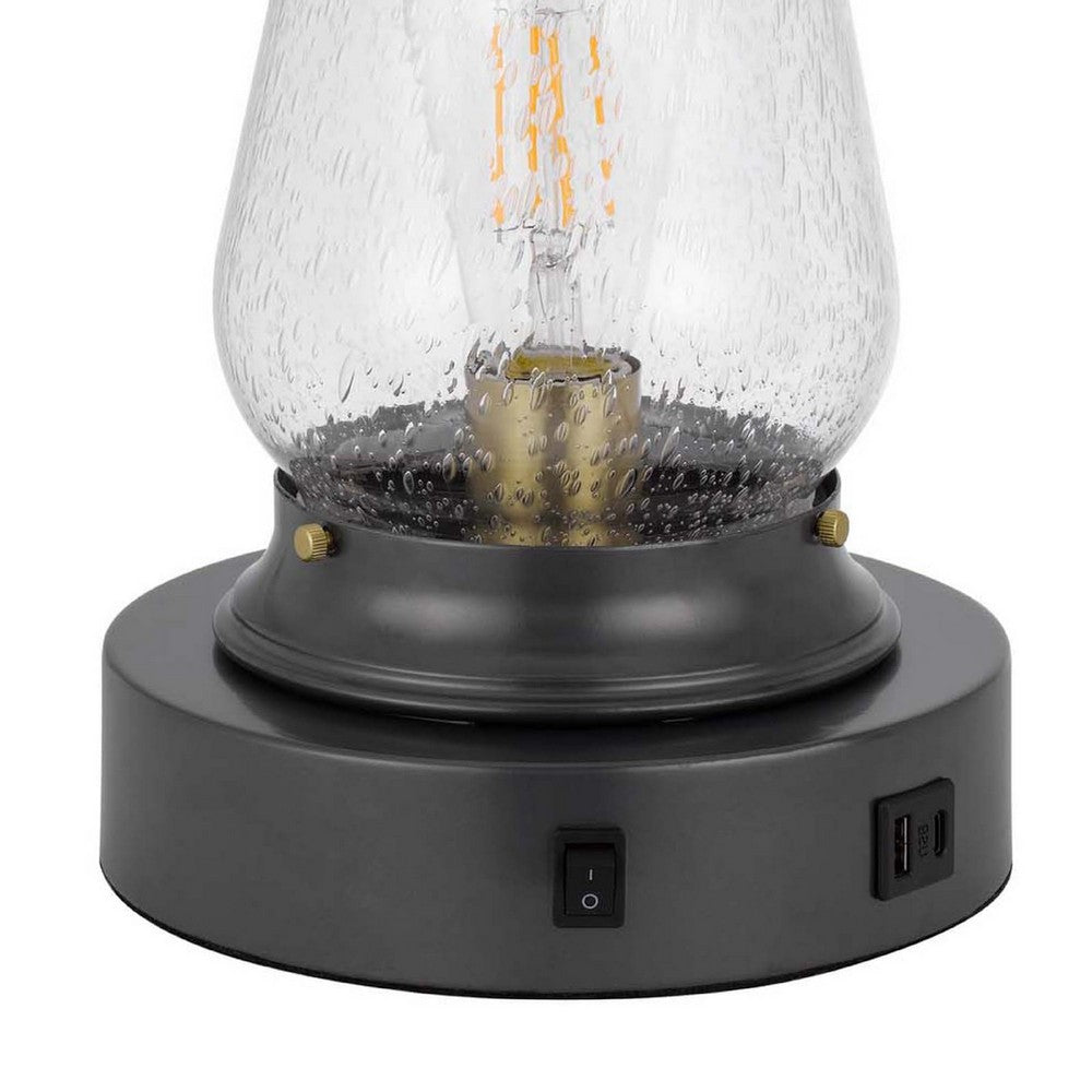 Jerry Lantern Table Lamp | Bubble Glass Shade | USB Ports | Dark Bronze