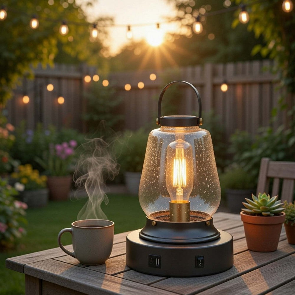 Jerry Lantern Table Lamp | Bubble Glass Shade | USB Ports | Dark Bronze