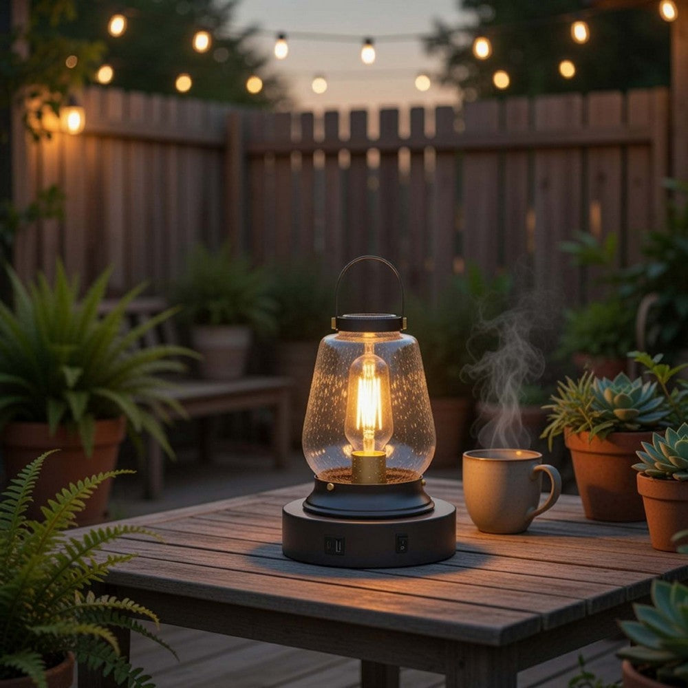 Jerry Lantern Table Lamp | Bubble Glass Shade | USB Ports | Dark Bronze