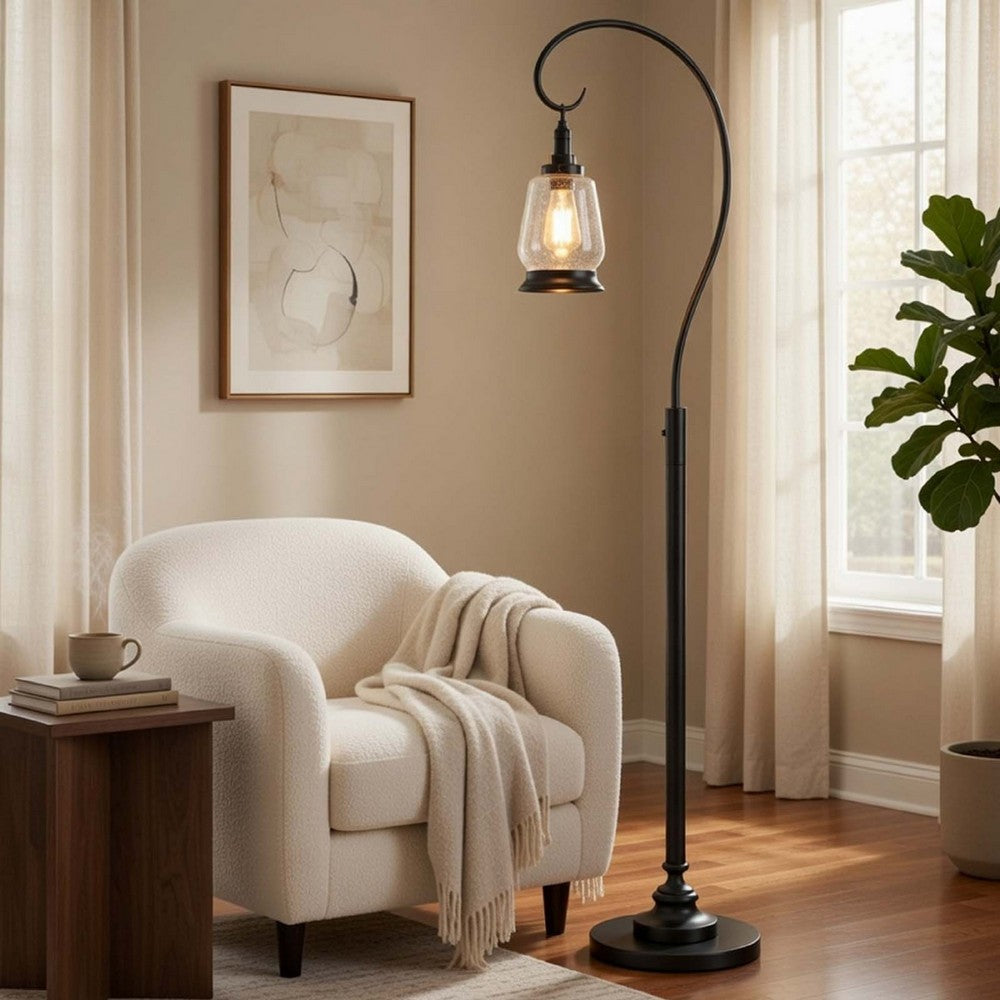 Jerry Classic Lantern Floor Lamp | Bubble Glass Shade | Dark Bronze Metal