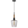 Pendant Light | Round Smoked Glass Shade | Brown Wood Accent | Black Metal