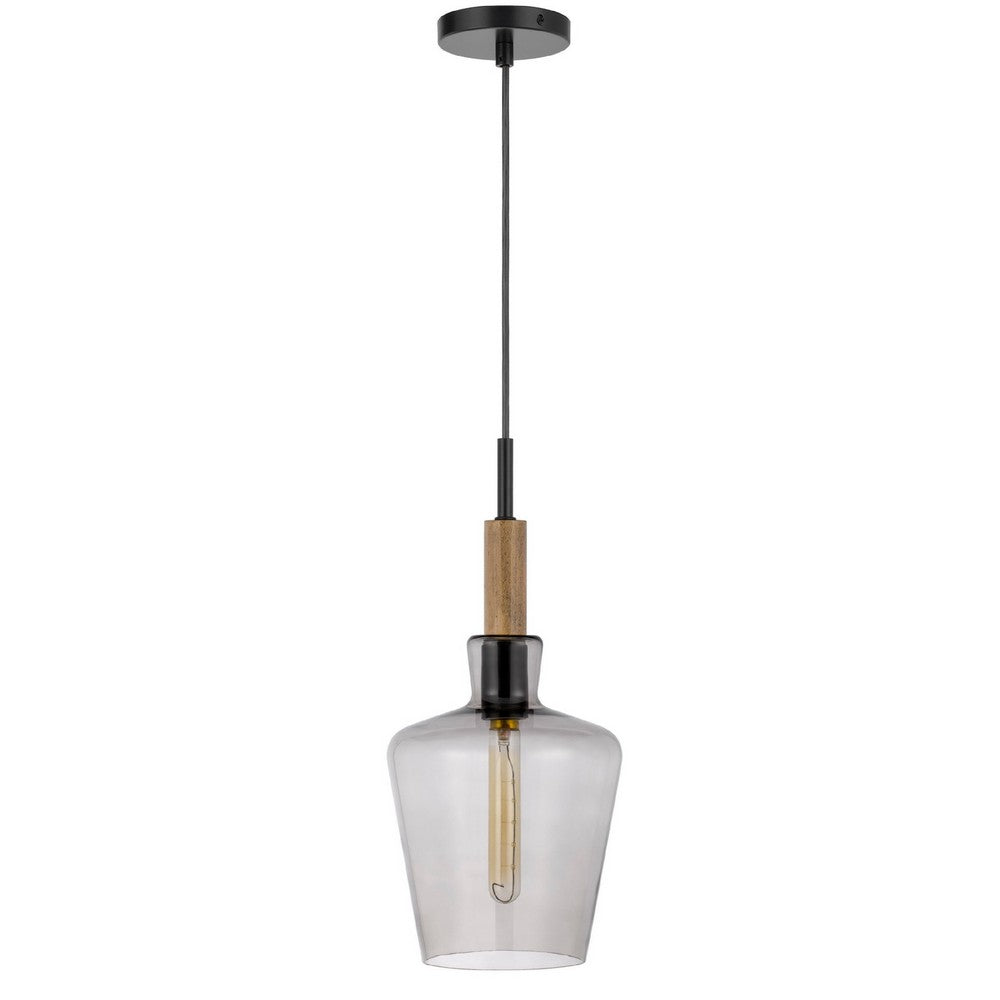 Pendant Light | Round Smoked Glass Shade | Brown Wood Accent | Black Metal