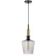Pendant Light | Round Smoked Glass Shade | Brown Wood Accent | Black Metal