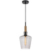 Pendant Light | Round Smoked Glass Shade | Brown Wood Accent | Black Metal