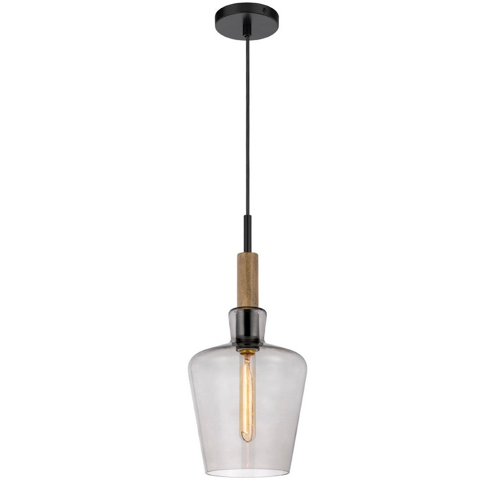 Pendant Light | Round Smoked Glass Shade | Brown Wood Accent | Black Metal