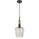 Pendant Light | Round Smoked Glass Shade | Brown Wood Accent | Black Metal