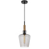 Pendant Light | Round Smoked Glass Shade | Brown Wood Accent | Black Metal