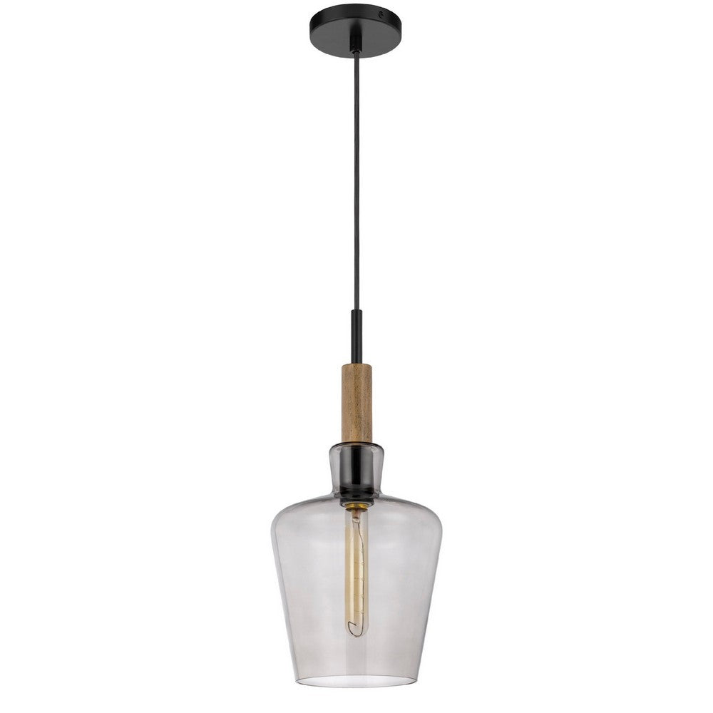 Pendant Light | Round Smoked Glass Shade | Brown Wood Accent | Black Metal