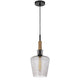 Pendant Light | Round Smoked Glass Shade | Brown Wood Accent | Black Metal