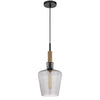 Pendant Light | Round Smoked Glass Shade | Brown Wood Accent | Black Metal