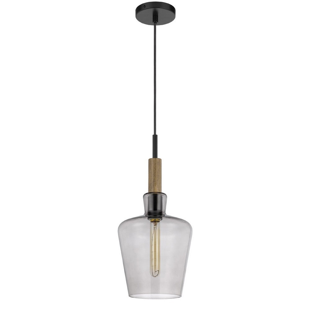 Pendant Light | Round Smoked Glass Shade | Brown Wood Accent | Black Metal
