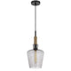 Pendant Light | Round Smoked Glass Shade | Brown Wood Accent | Black Metal