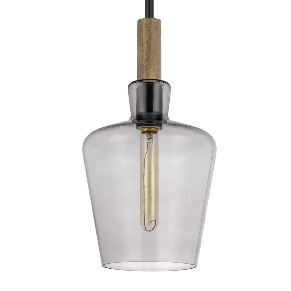 Pendant Light | Round Smoked Glass Shade | Brown Wood Accent | Black Metal