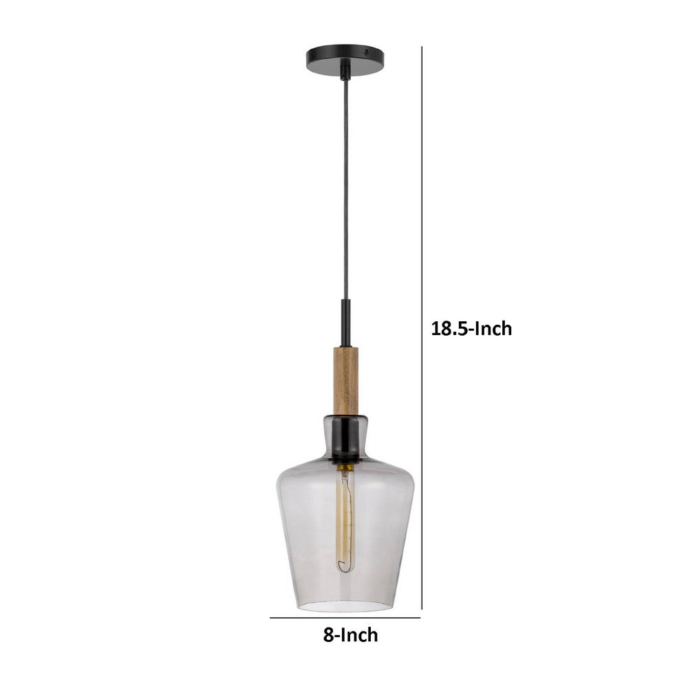 Pendant Light | Round Smoked Glass Shade | Brown Wood Accent | Black Metal