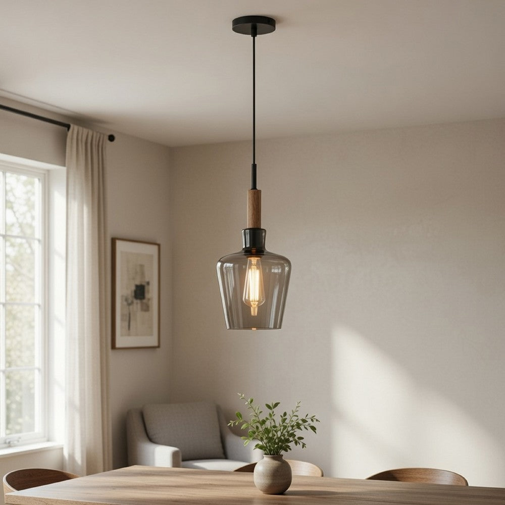 Pendant Light | Round Smoked Glass Shade | Brown Wood Accent | Black Metal