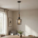Pendant Light | Round Smoked Glass Shade | Brown Wood Accent | Black Metal