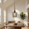Pendant Light | Round Smoked Glass Shade | Brown Wood Accent | Black Metal
