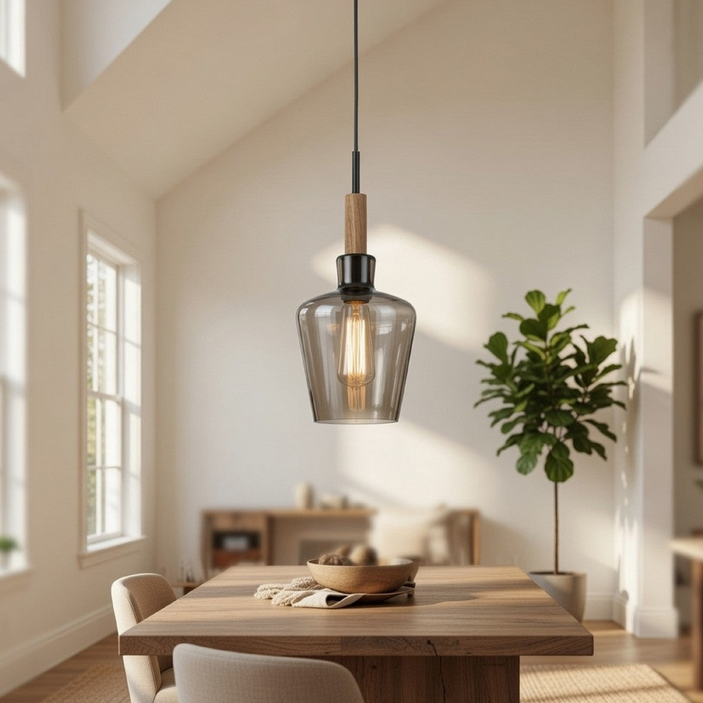 Pendant Light | Round Smoked Glass Shade | Brown Wood Accent | Black Metal