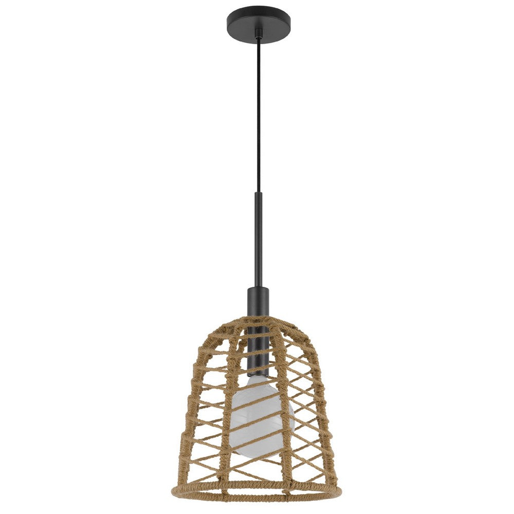 Pendant Light | Bell Style Caged Body w Braided Burlap Rope | Black Metal