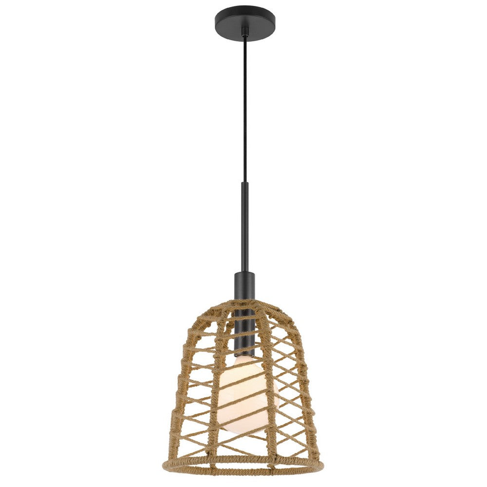 Pendant Light | Bell Style Caged Body w Braided Burlap Rope | Black Metal