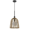 Pendant Light | Bell Style Caged Body w Braided Burlap Rope | Black Metal
