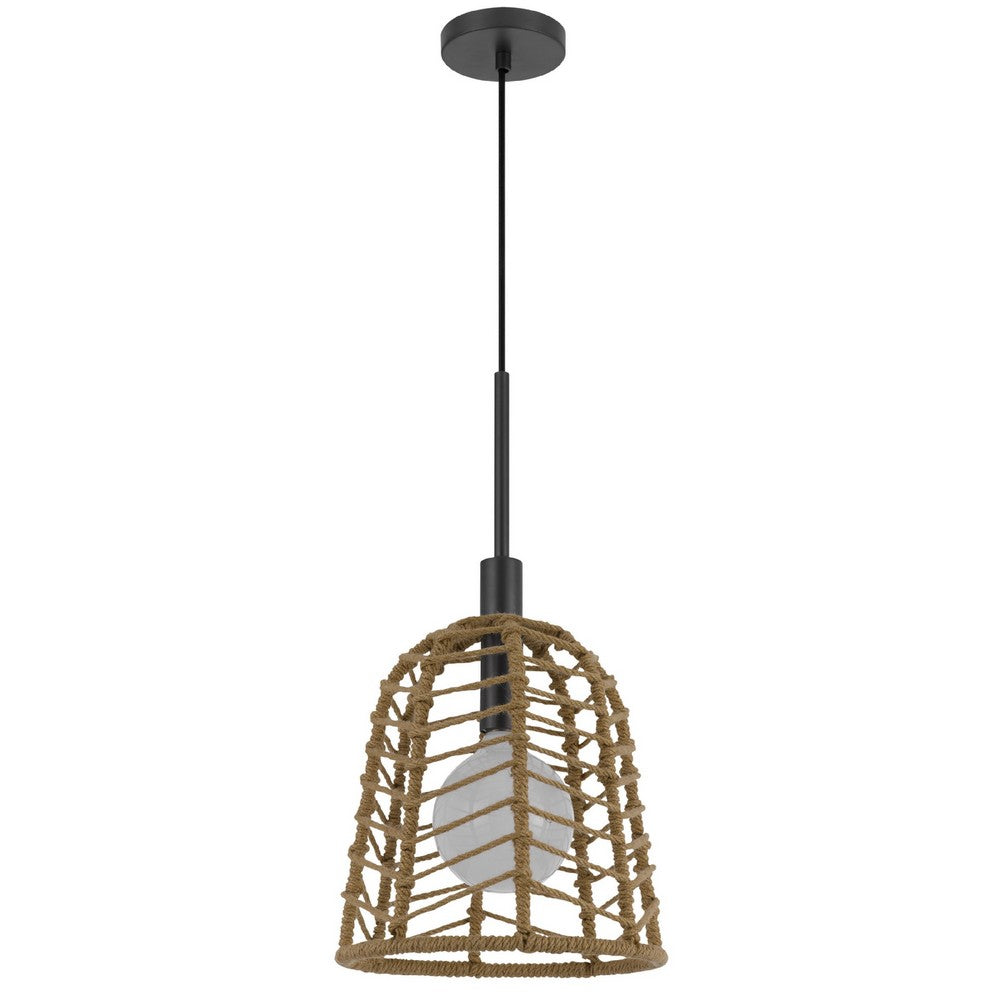 Pendant Light | Bell Style Caged Body w Braided Burlap Rope | Black Metal