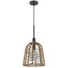 Pendant Light | Bell Style Caged Body w Braided Burlap Rope | Black Metal