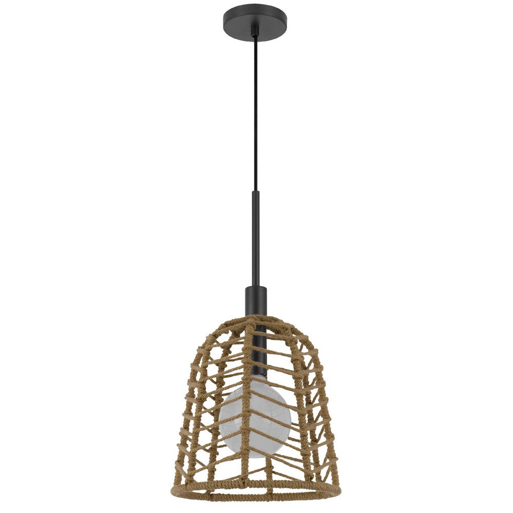 Pendant Light | Bell Style Caged Body w Braided Burlap Rope | Black Metal