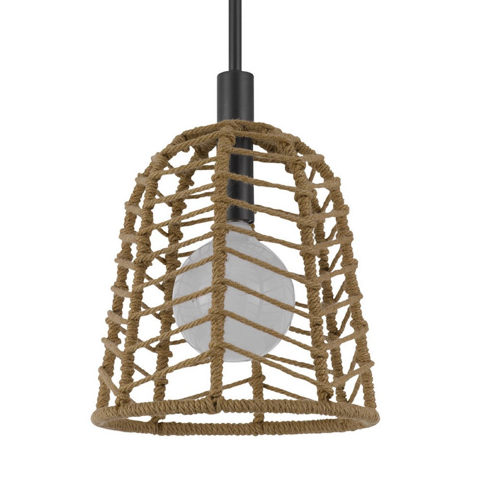 Pendant Light | Bell Style Caged Body w Braided Burlap Rope | Black Metal