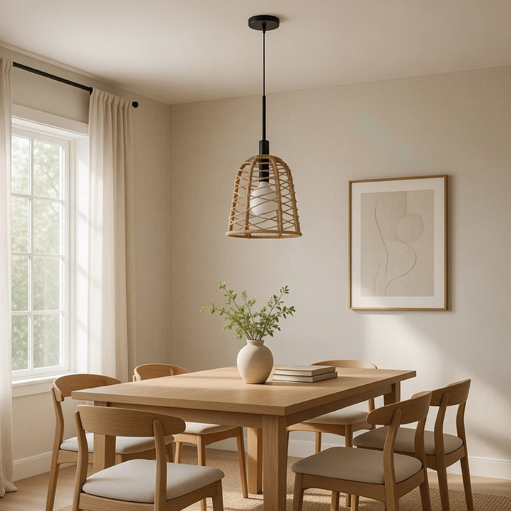 Pendant Light | Bell Style Caged Body w Braided Burlap Rope | Black Metal