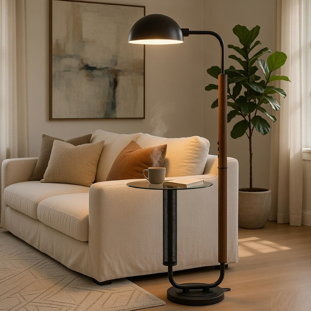 Floor Lamp with Round Glass Table | Modern Metal Dome Shade | Black 63"