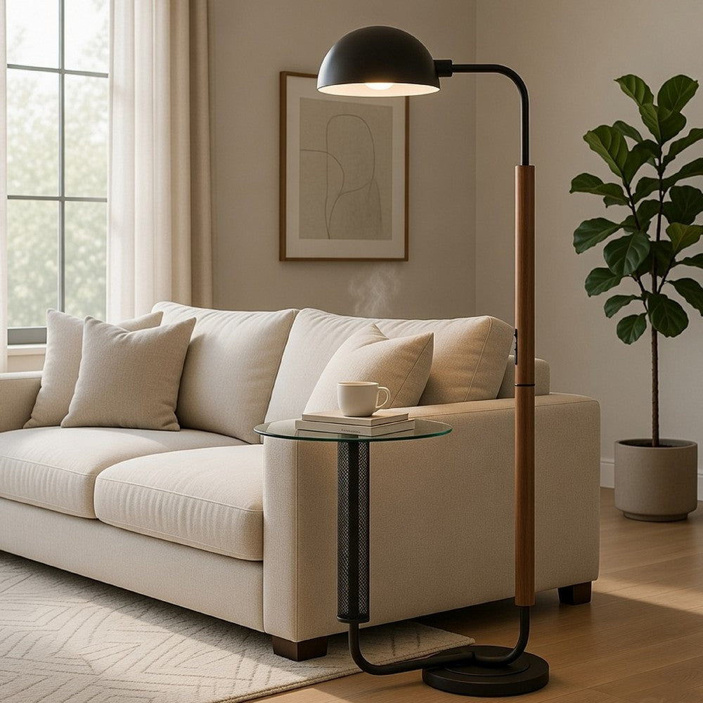 Floor Lamp with Round Glass Table | Modern Metal Dome Shade | Black 63"