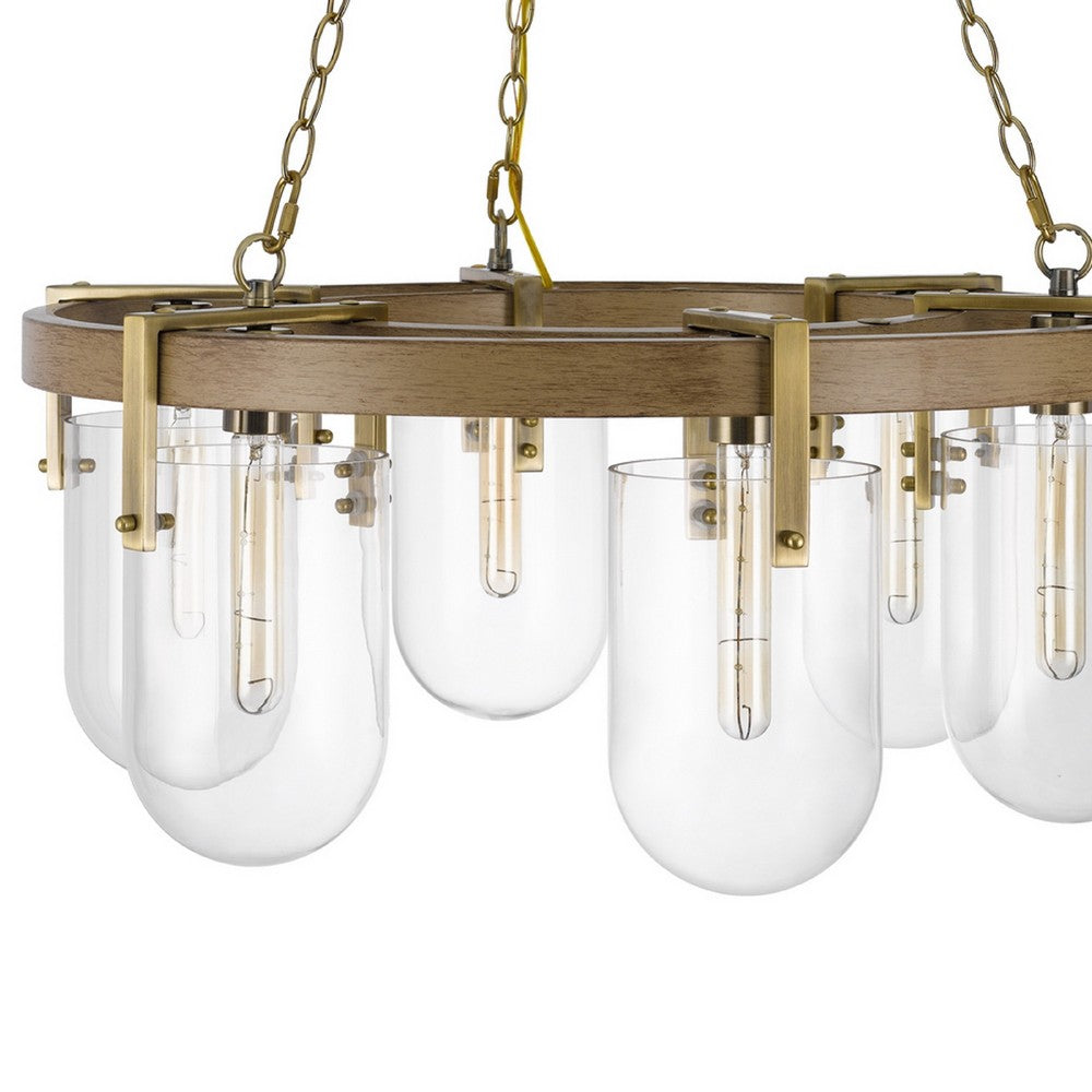 Chandelier | Wagon Wheel Style | 6 Glass Shades | Antique Brass 30"