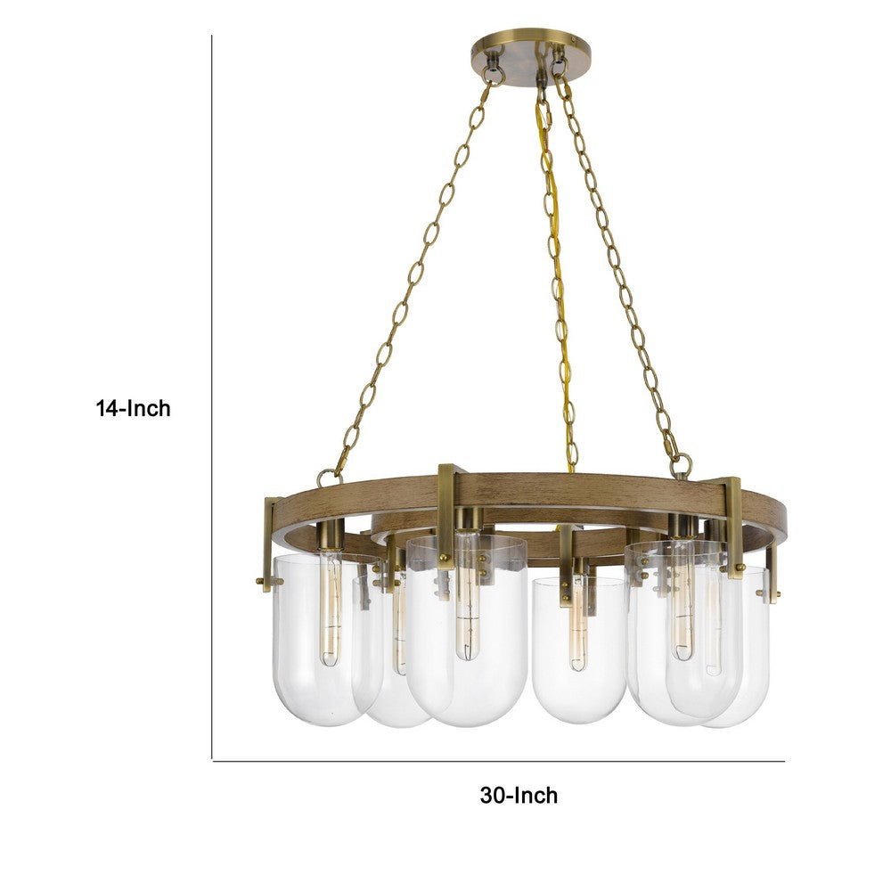 Chandelier | Wagon Wheel Style | 6 Glass Shades | Antique Brass 30"