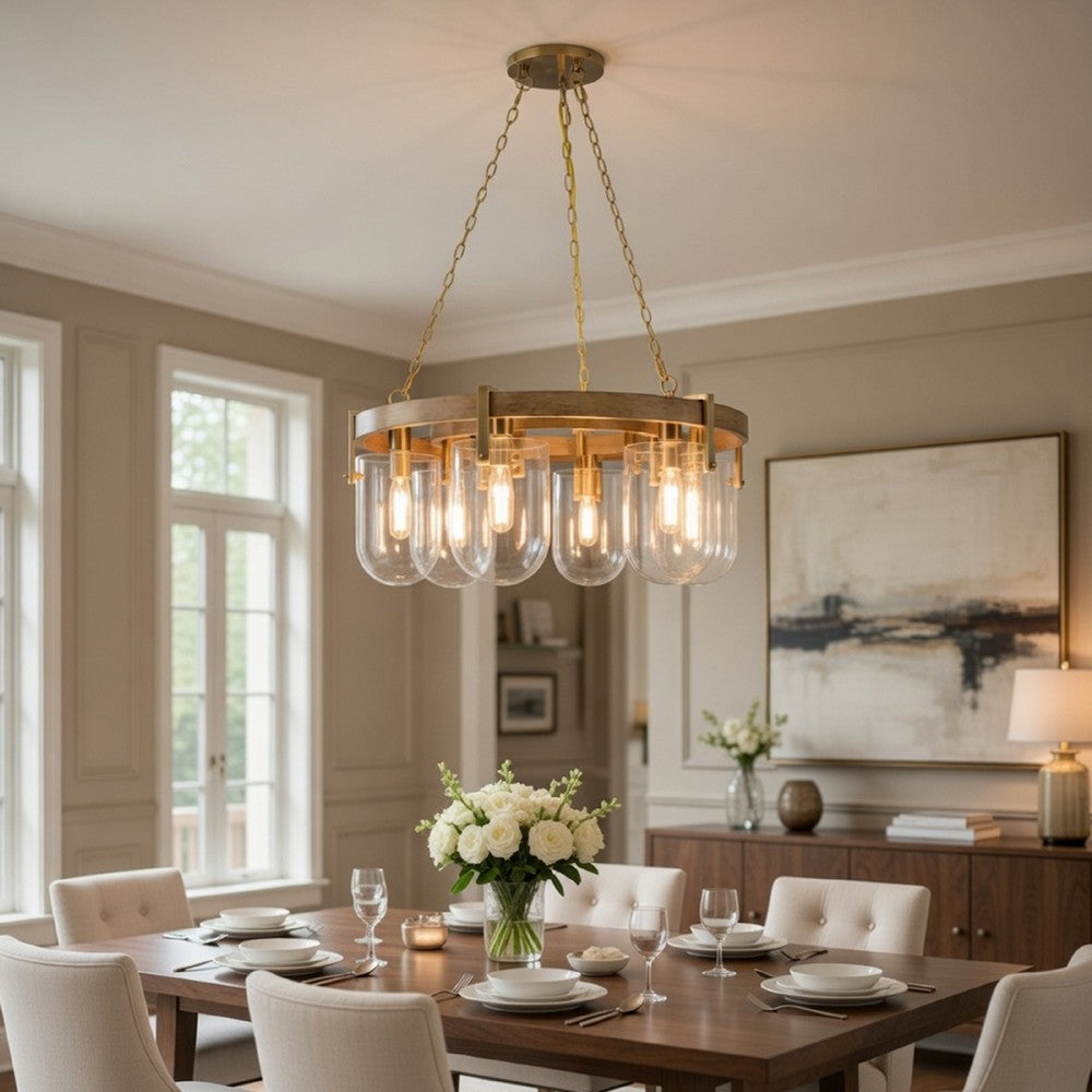 Chandelier | Wagon Wheel Style | 6 Glass Shades | Antique Brass 30"