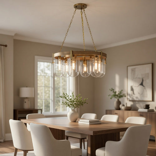 Chandelier | Wagon Wheel Style | 6 Glass Shades | Antique Brass 30"