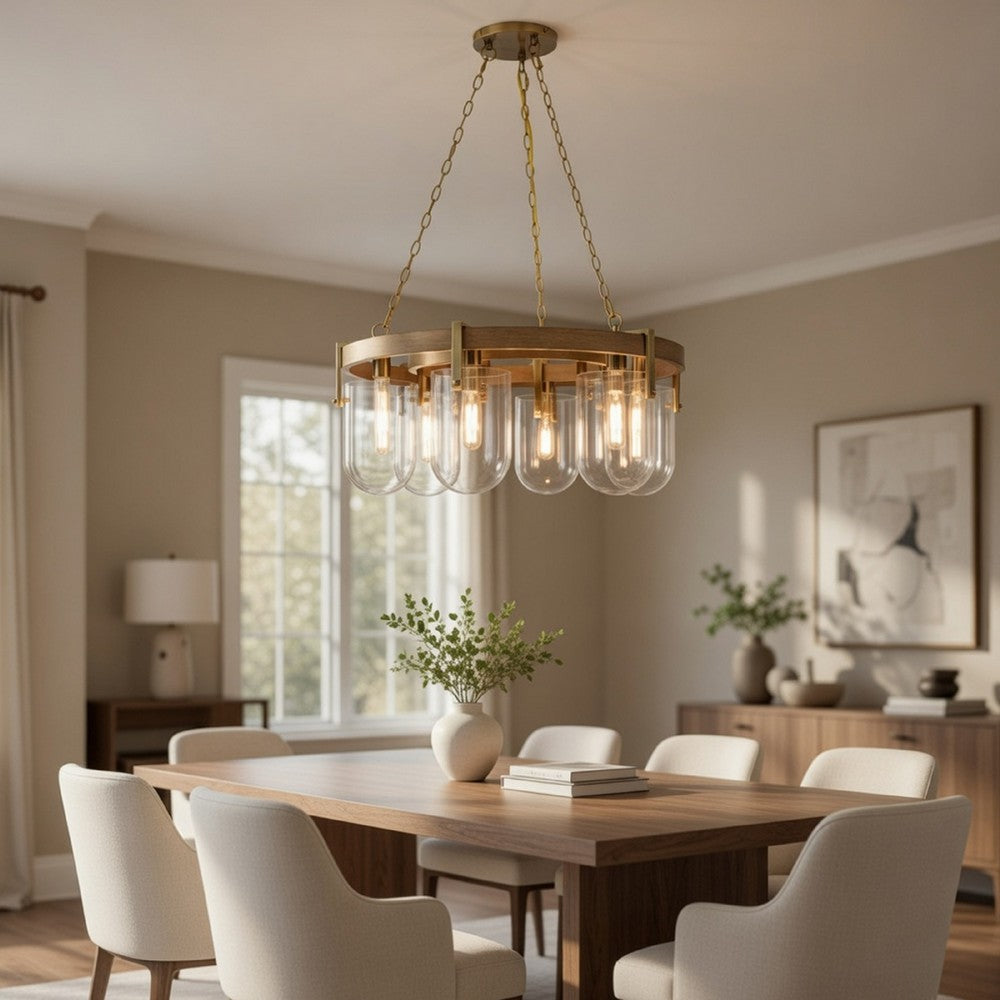 Chandelier | Wagon Wheel Style | 6 Glass Shades | Antique Brass 30"