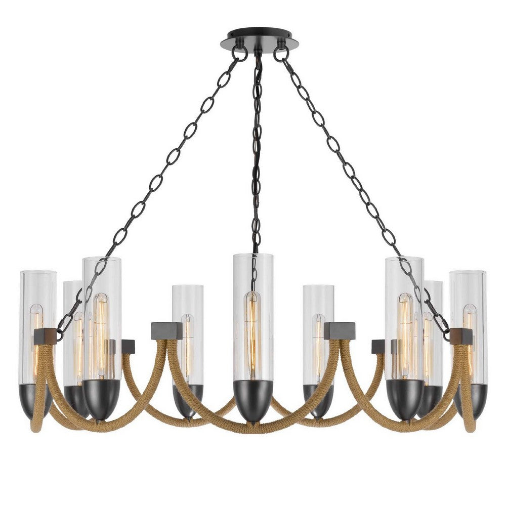 Arga 9 Light Chandelier | Glass Shade | Rope Arms | Bronze Metal 12"