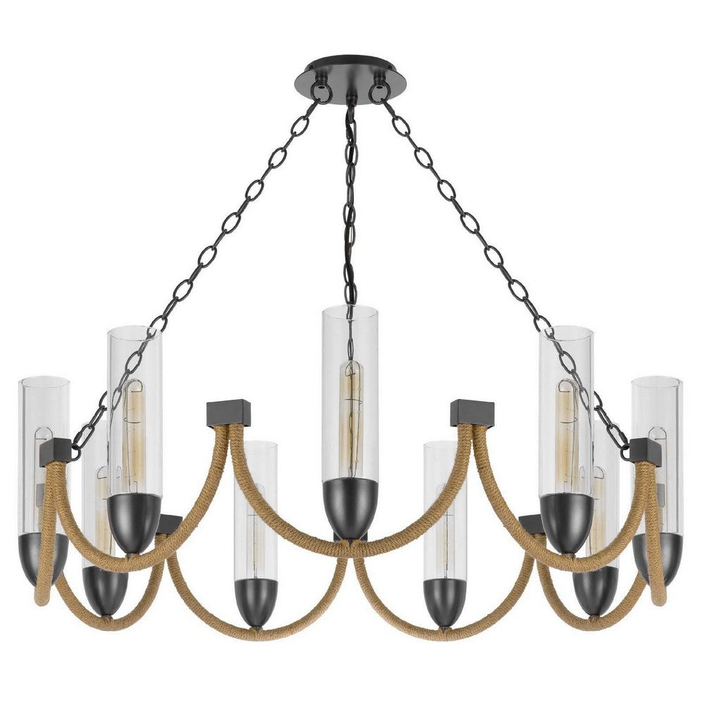 Arga 9 Light Chandelier | Glass Shade | Rope Arms | Bronze Metal 12"