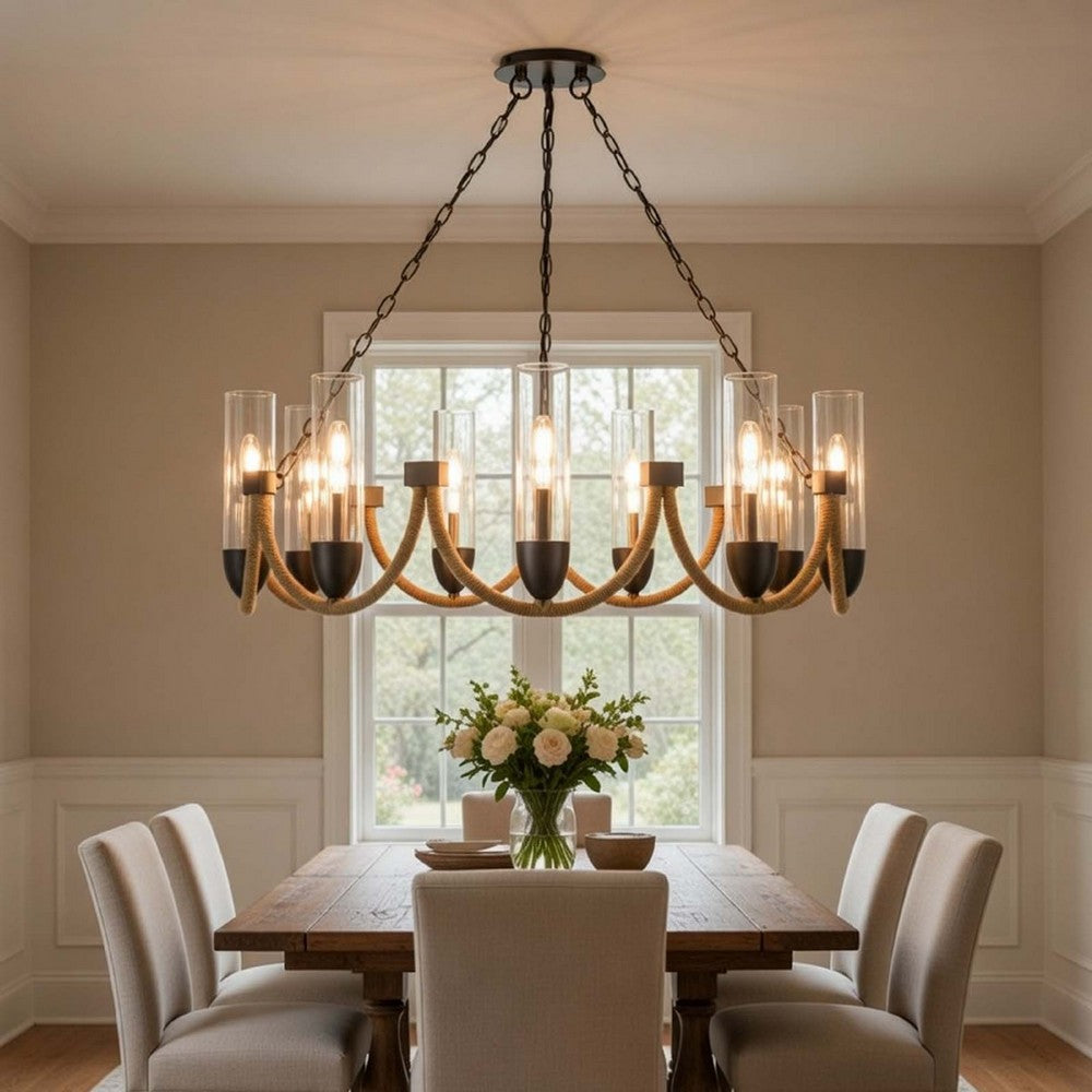 Arga 9 Light Chandelier | Glass Shade | Rope Arms | Bronze Metal 12"