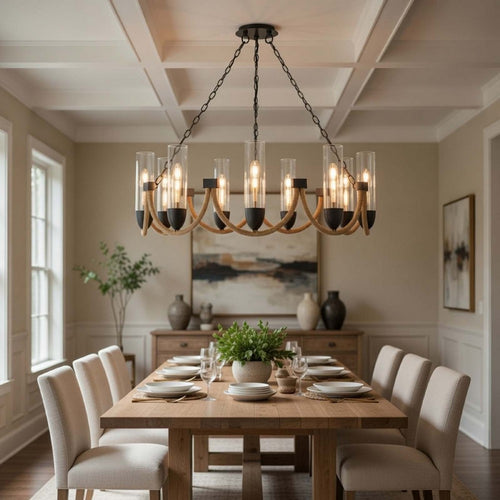 Arga 9 Light Chandelier | Glass Shade | Rope Arms | Bronze Metal 12"