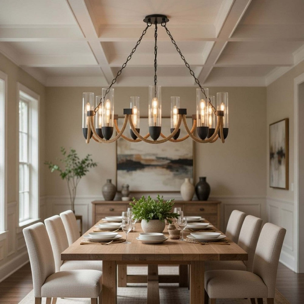 Arga 9 Light Chandelier | Glass Shade | Rope Arms | Bronze Metal 12"