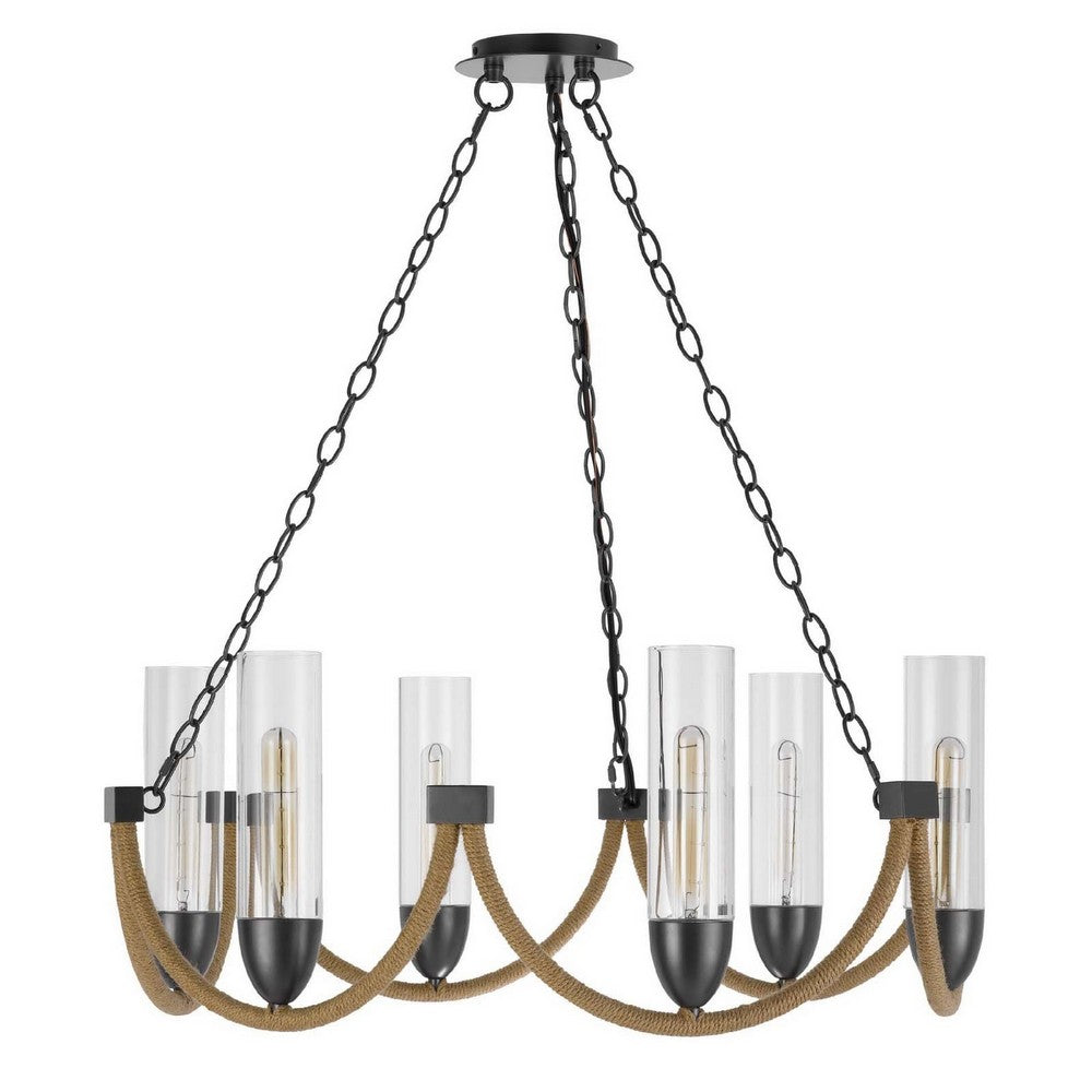 Arga 6 Light Chandelier | Glass Shade | Rope Arms | Bronze Metal 12"